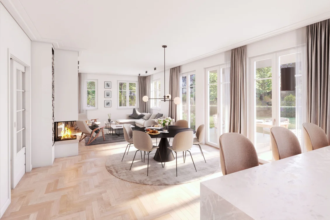 Gartengeschoss mit Essbereich und Blick zum Wohnzimmer.