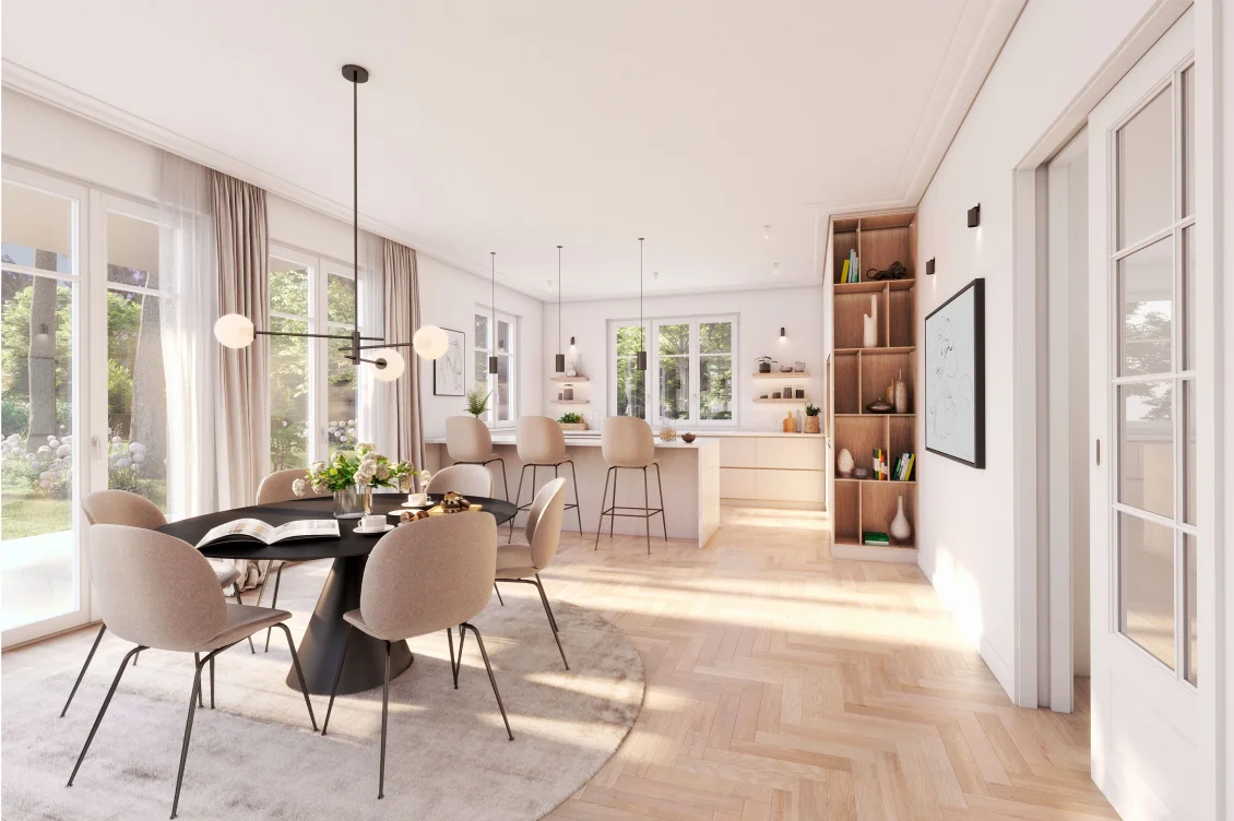 Gartengeschoss mit Essbereich und Blick zur Küche.